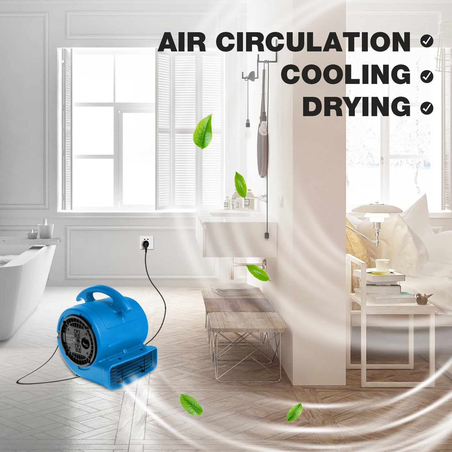 MOUNTO 1/5hp Air Mover 800cfm Blower Fan Carpet Floor Drying Fan - 3-Speed Compact Air Mover w/Dual Outlet, 10ft Power Cord for Drying, Cooling, Air