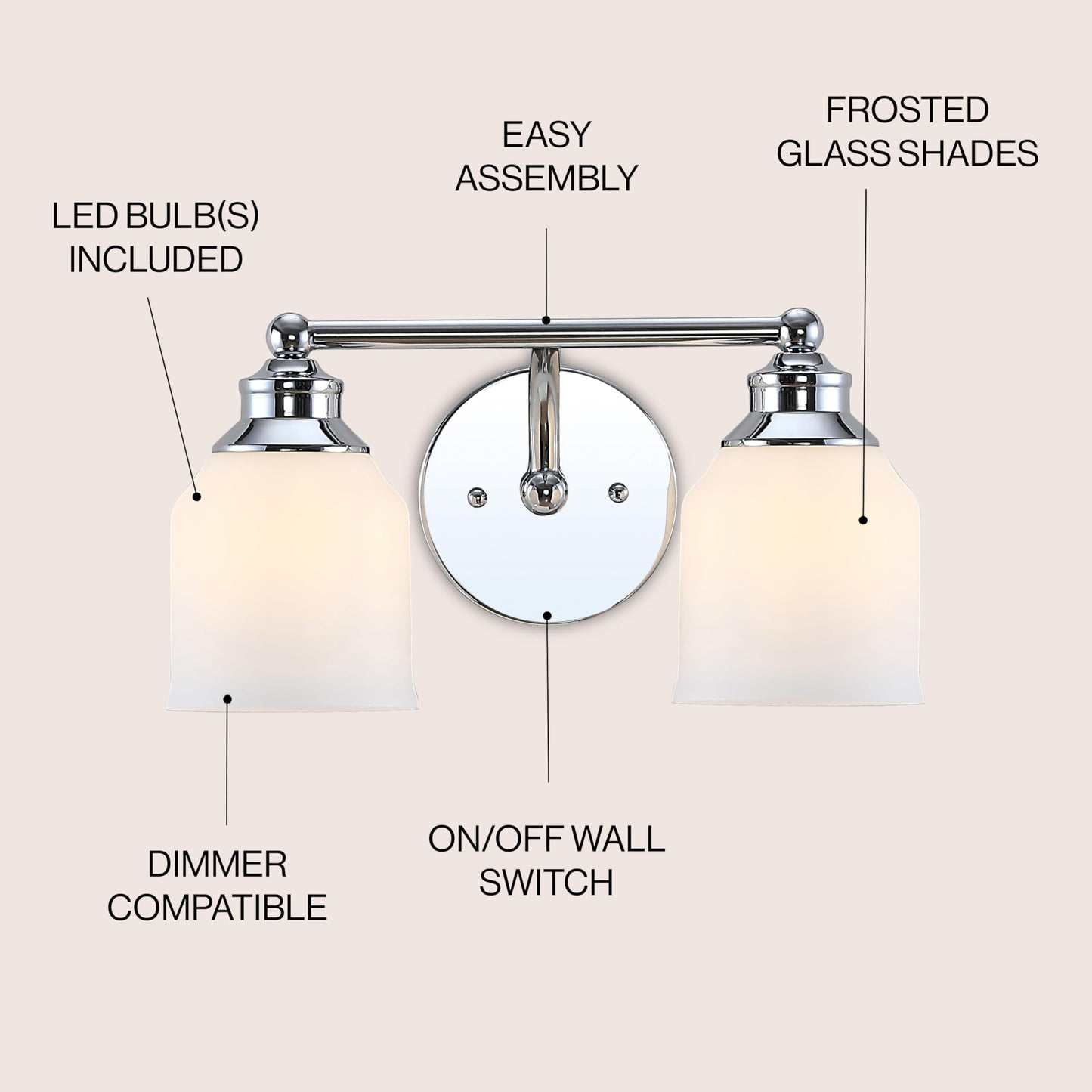 JONATHAN Y 14" Chrome Modern Farmhouse LED Vanity Light Wall Sconce Fixture, Frosted White Glass Shade, Dimmable Wall Lamp for Bathroom Mirror Kitchen