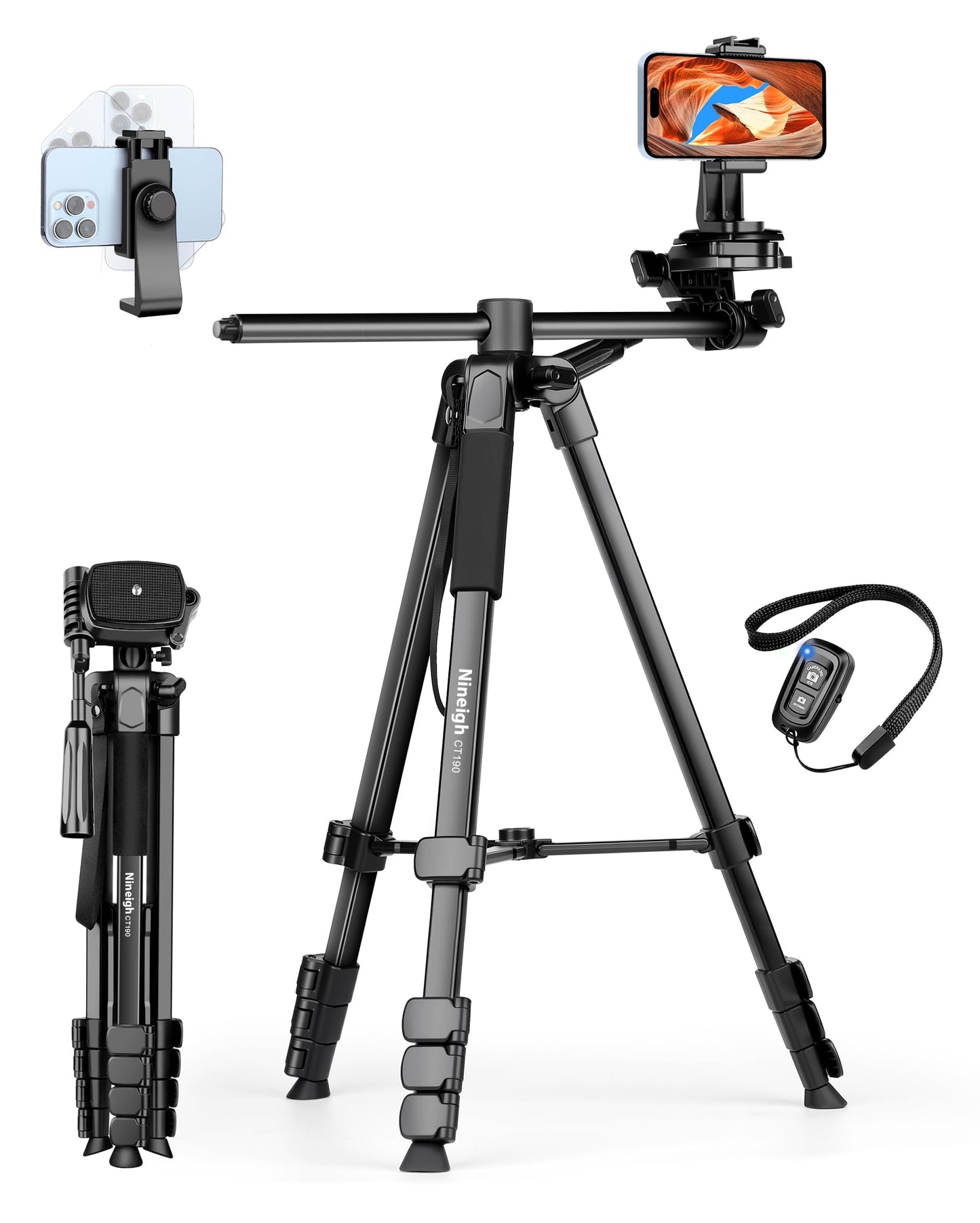 Nineigh 75" Phone Tripod Stand, Overhead Tripod for iPhone with Remote, Portable Horizontal Mount for Video, Live Streaming & Vlogging, Compatible