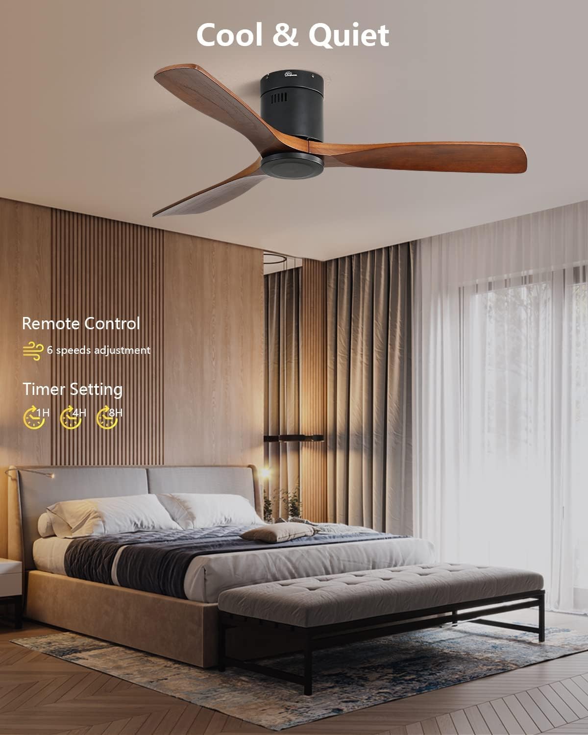 Sofucor 52 Inch Wood Ceiling Fan No Light, Flush Mount, Brown