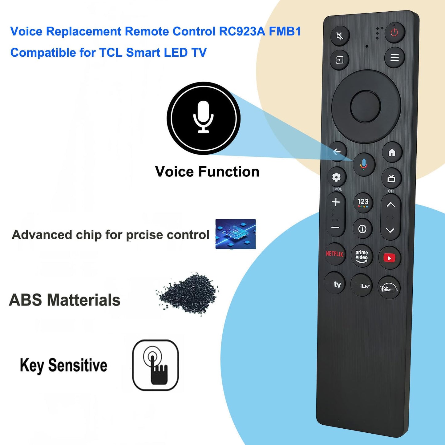 Voice Replacement Remote Control RC923A FMB1 Compatible for TCL Smart LED TV RC923A-FMB1