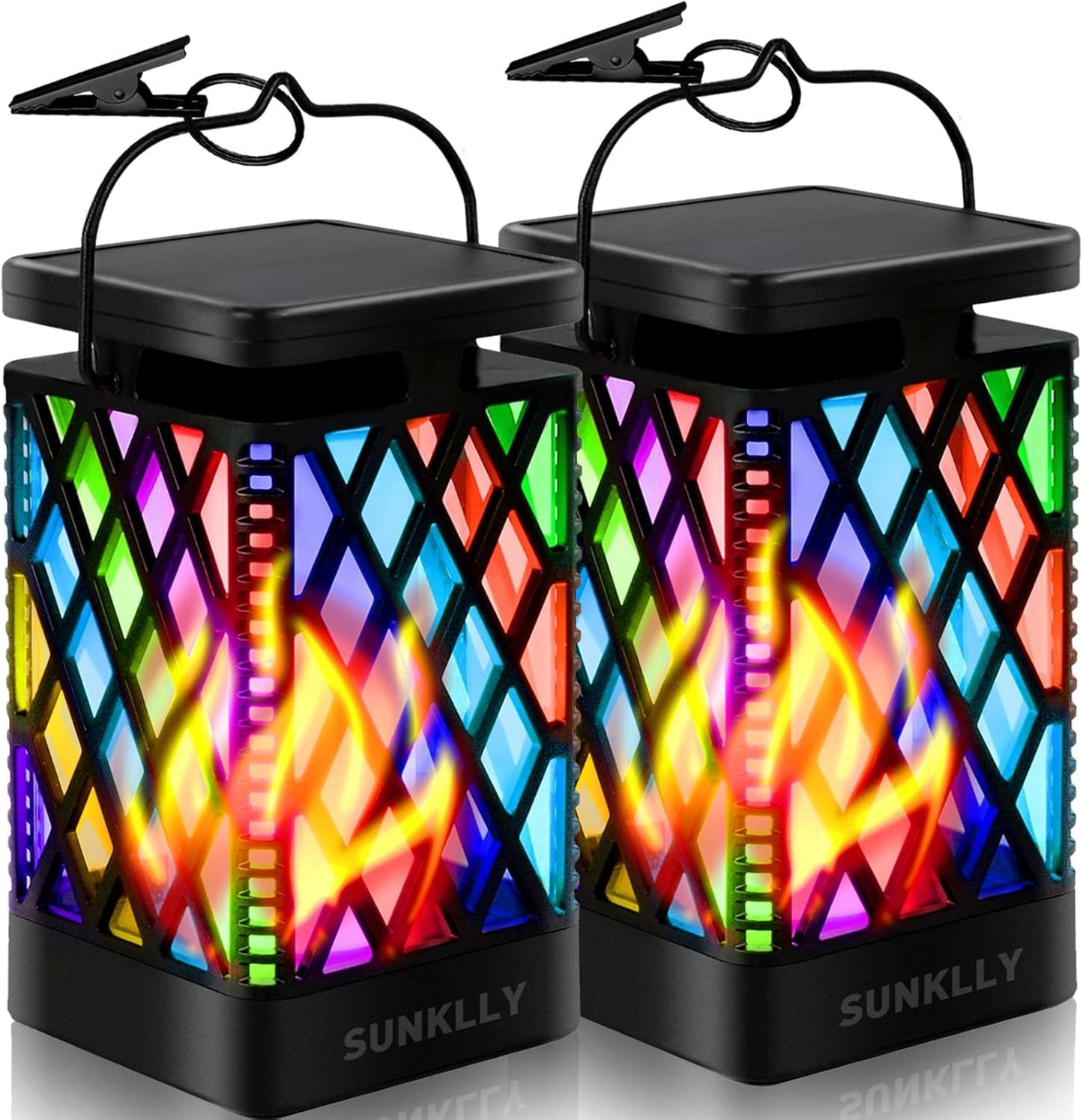 Solar Lanterns-Sunklly Hanging Solar Lights Color Changing & Fixed 9 Modes Waterproof Hanging Lanterns Outdoor Lights Flickering Flame Camping