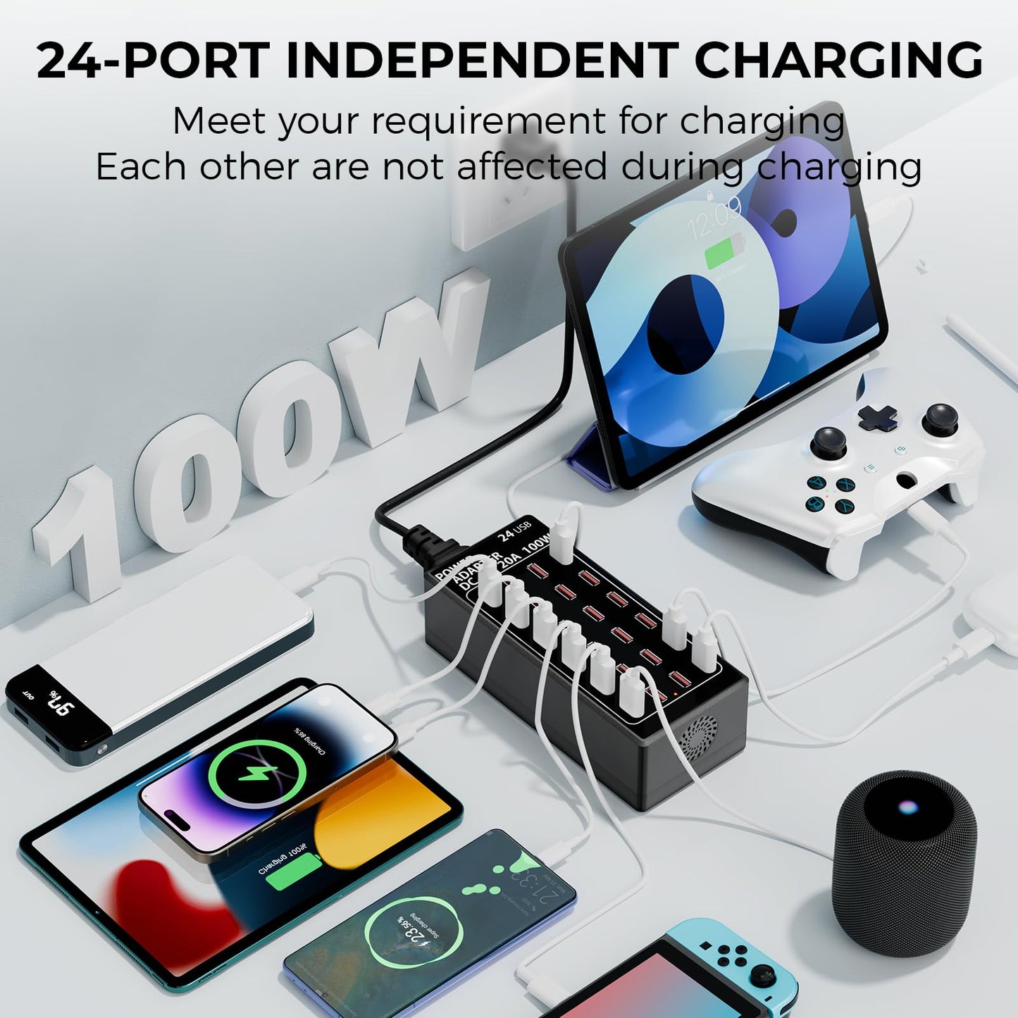 USB Charging Station, 100W/20A 24 Port Desktop Multiple Device Charger Station, Multi Ports Fast Phone Charging Station Organizer, Suitable for School