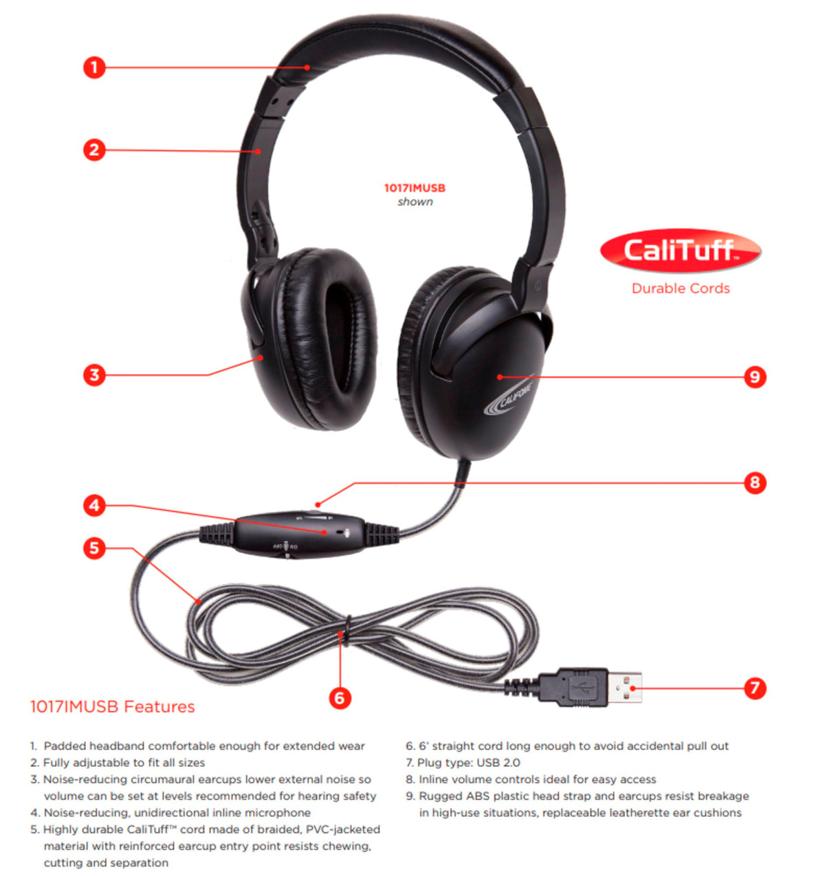 Califone NeoTech Plus 10171MUSB Premium, Over-Ear Stereo Headset with Inline Microphone, USB Plug, Black