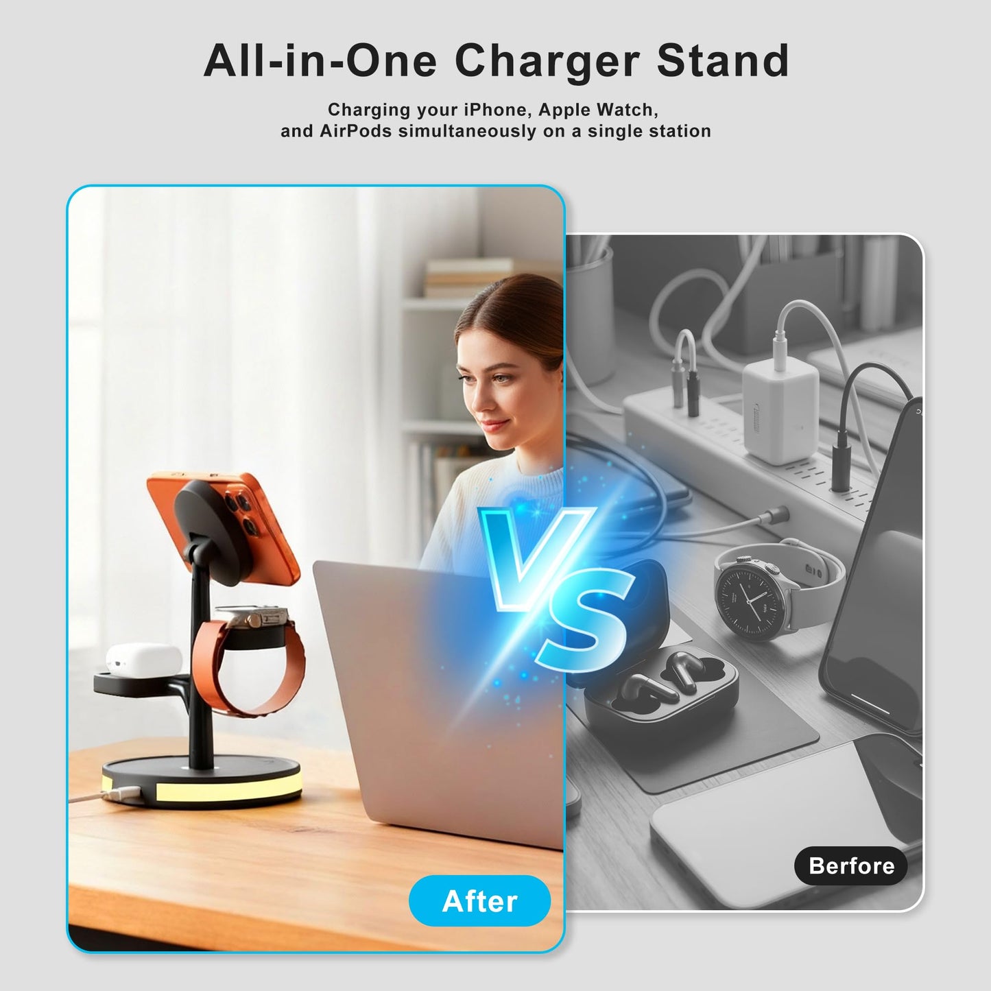 3 in 1 Wireless Charging Station for Apple Device,Fast Charging Tree-Shaped Stand with Night Light,Qi-Certified Charger for iPhone 12-17 Series,Apple