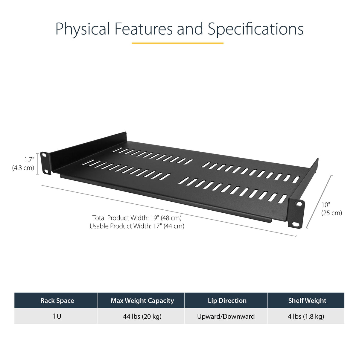 StarTech 2-Pack 1U Vented Rack Shelf, 10in, 44lb (CABSHELFV1U-2PK)