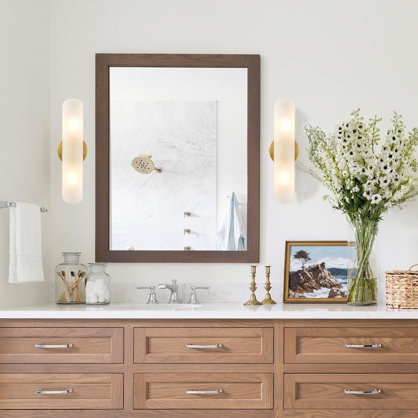 DAYCENT Modern Brass Wall Sconces Set of Two Frosted Glass Wall Light Fixture 2-Light Cylinder Bathroom Vanity Lights Gold Glass Sconces Wall Lighting