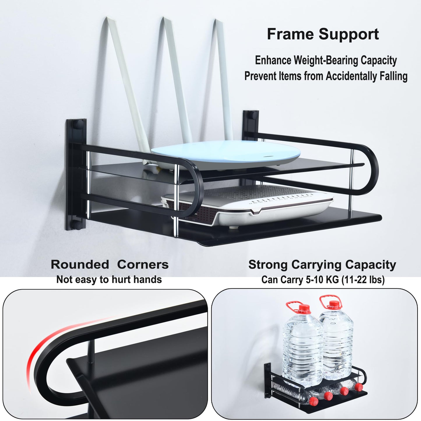 HNVNER Universal Media Shelf with Cable Holes for Entertainment 2-Tier Metal Floating Wall Shelves for Media Such as Router, Modem, Remote, Cable