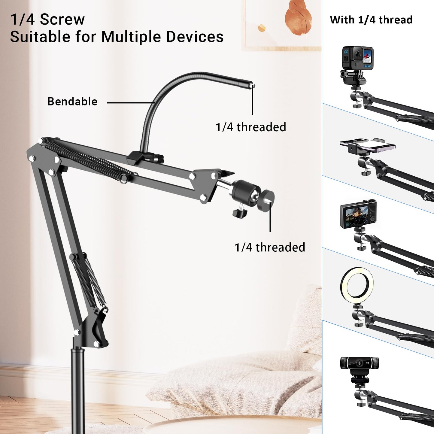 Floor Overhead Phone Mount with Ring Light for Filming, TikTok, Live Stream, LED Selfie Light Phone Tripod Stand for Content Creators, Compatible