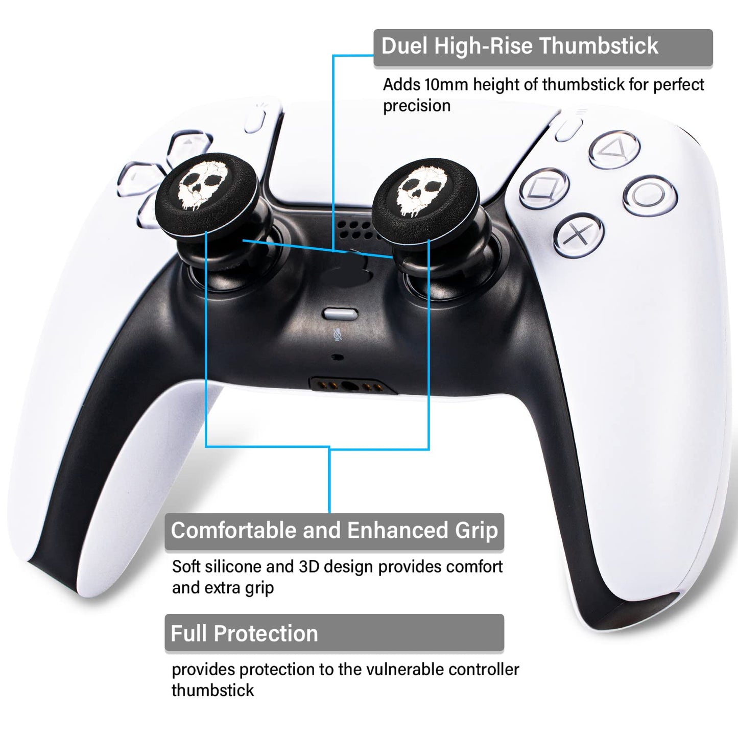 Playrealm FPS Thumbstick Extender x 2 & Printing Rubber Silicone Grip Cover x 4 for PS5 & PS4 Controller (Ghost White&Demon Purple)