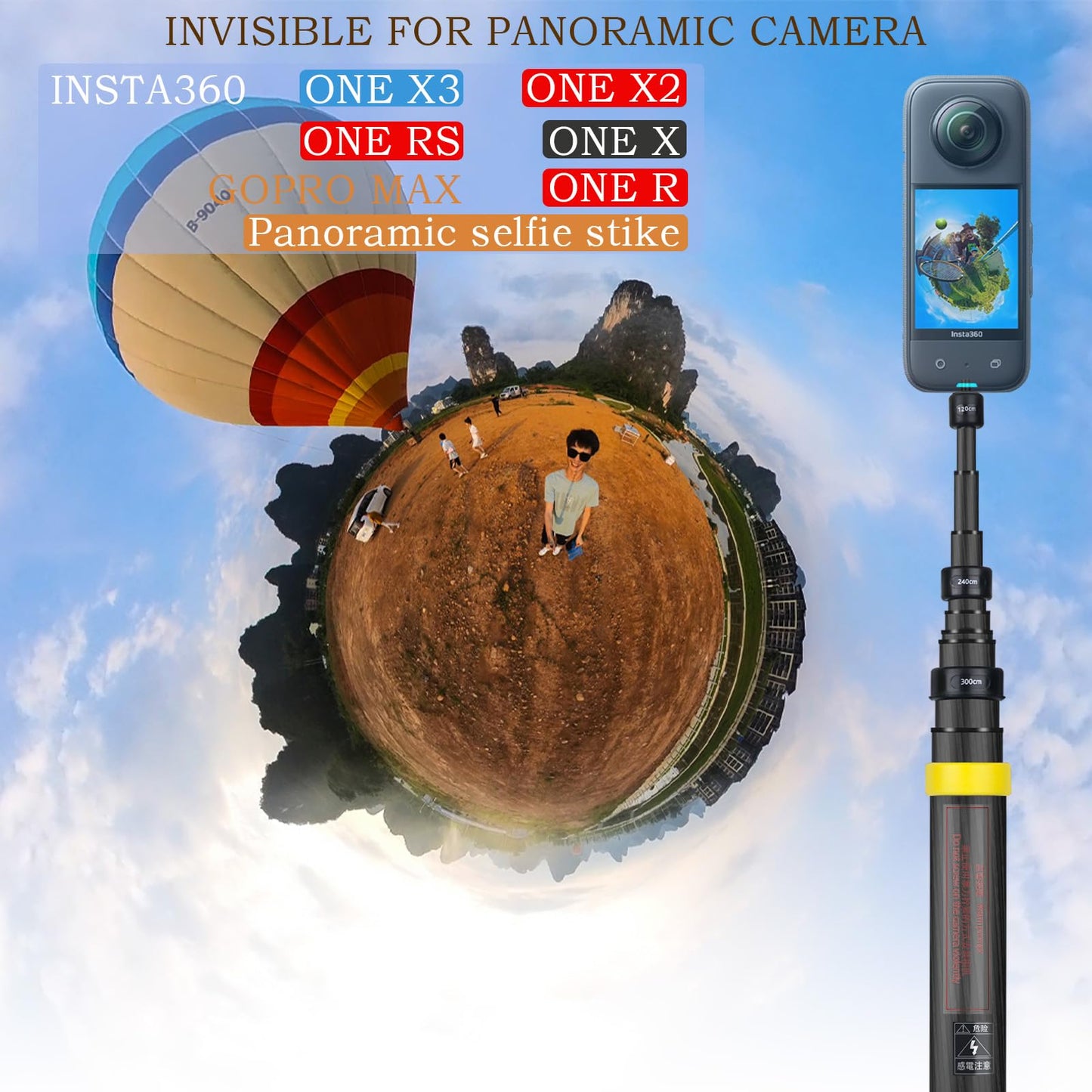 3m Selfie Stick 9.8ft Carbon Fiber Extended Invisible Selfie Stick for Insta360 X5/X4/X3/X2/ONE R/RS/X & GO 2 - Action Camera