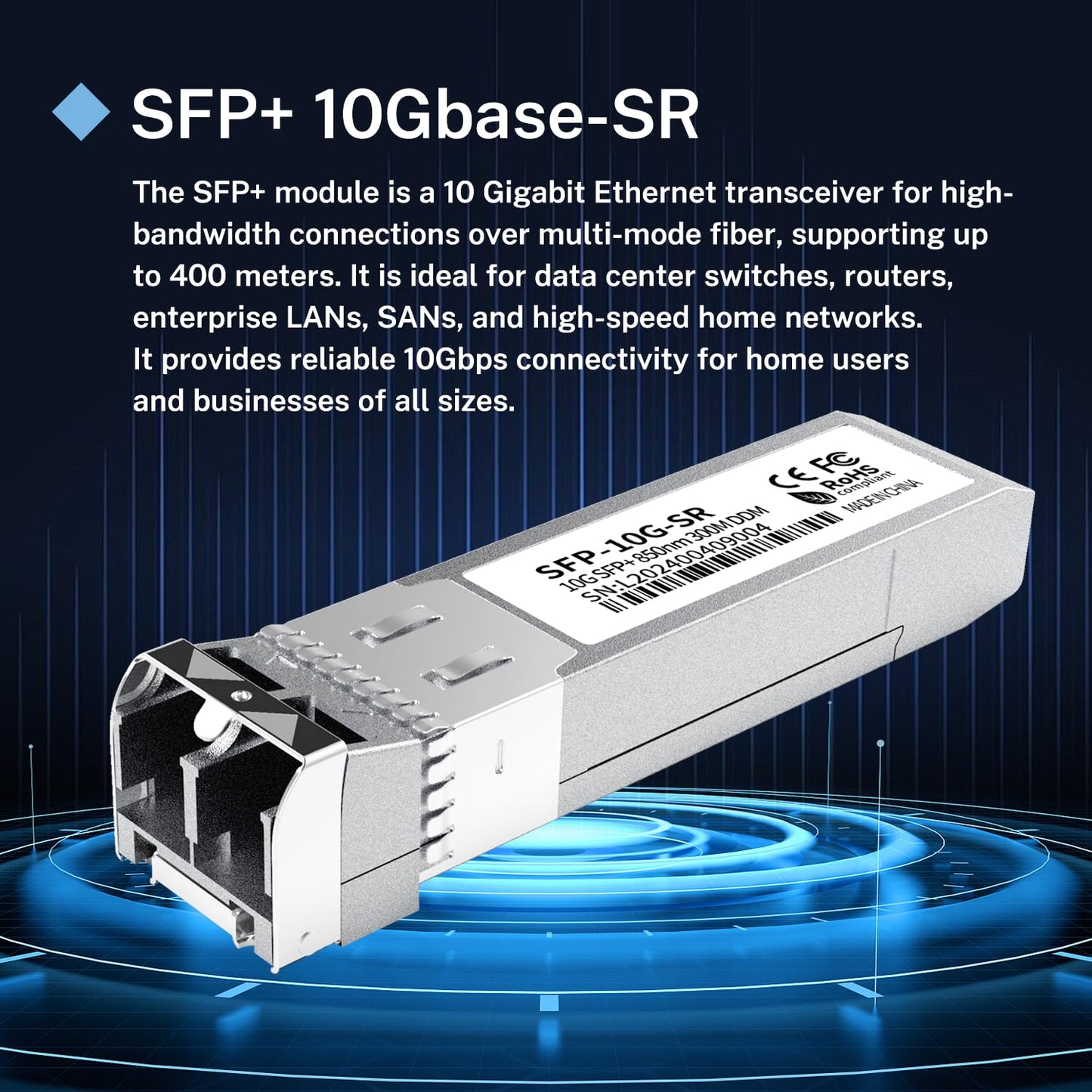 10GBase-SR SFP+ Module, Multi-Mode LC Ethernet Transceiver, 10G 850nm MMF up to 400m, Compatible with Cisco SFP-10G-SR, Meraki, Ubiquiti UF-MM-10G