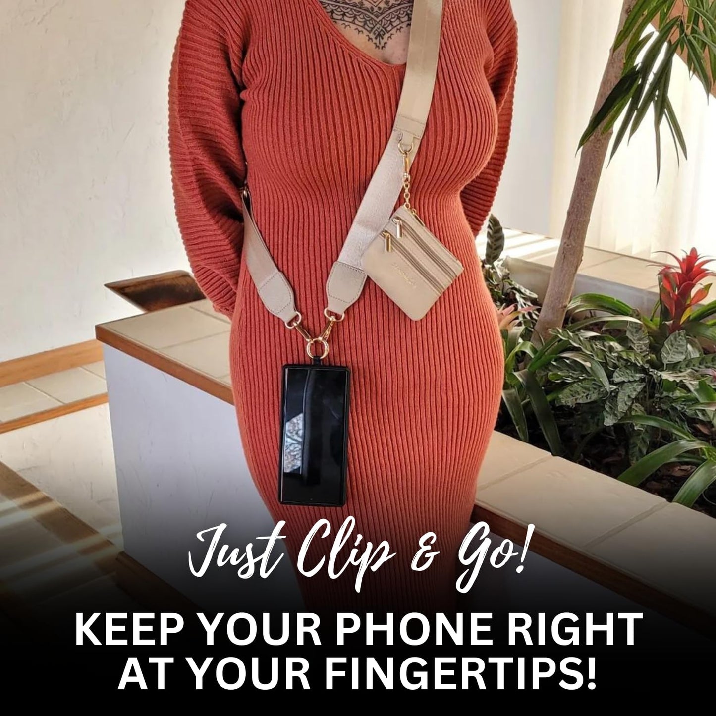 Save the Girls Clip and Go Phone Strap Solid (Cream - Cream Pouch) - Crossbody Phone Strap Chain with Zipper Wallet Pouch - Phone Lanyard