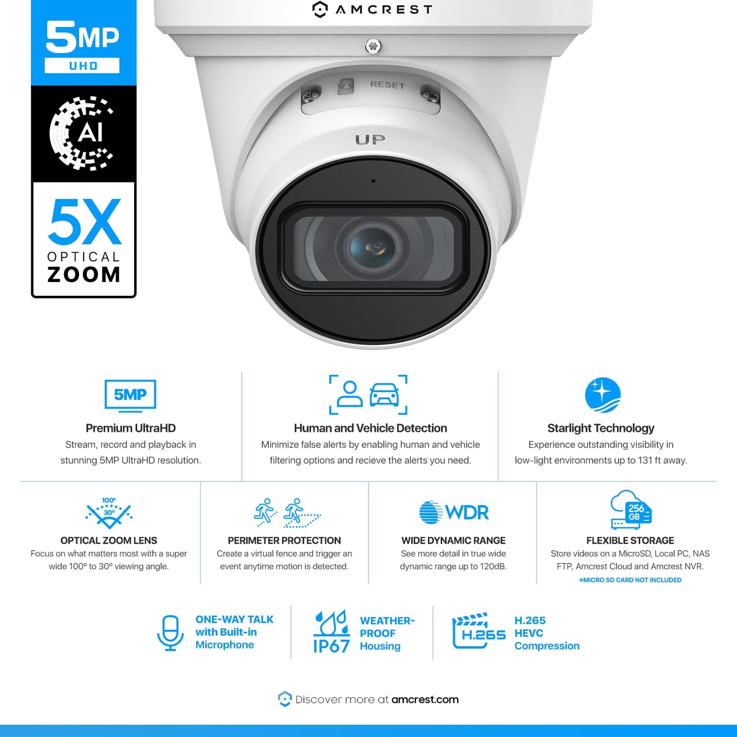 Amcrest 5MP Optical Zoom AI IP PoE Camera, Varifocal Outdoor IP POE Camera Turret, Human & Vehicle Detection, 2.7mm~13.5mm Lens, IP67, 5X Optical