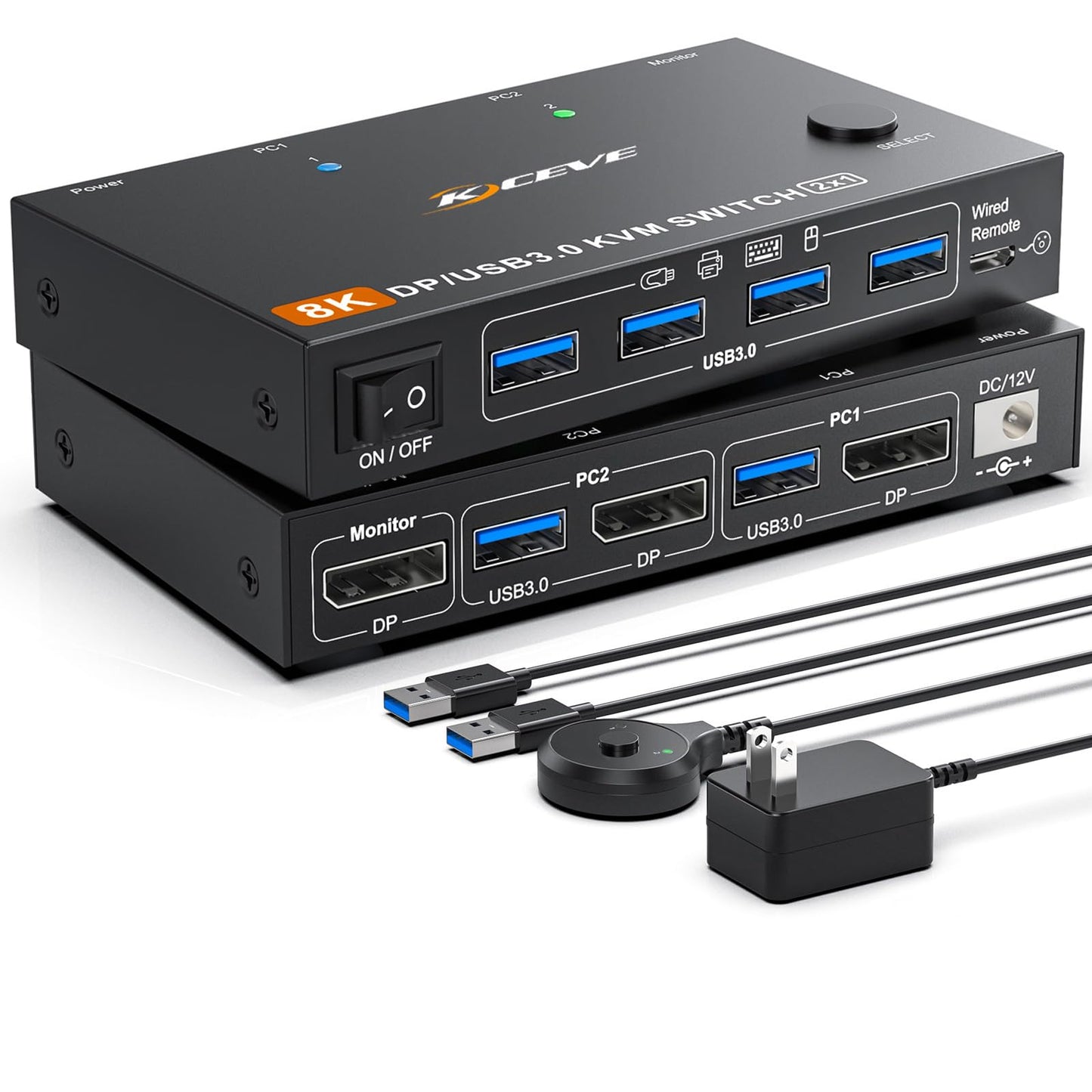 KCEVE KVM Switch 2 Computer 1 Monitor Displayport 4K@240Hz 8K@60Hz, USB 3.0 KVM Switch Displayport 2.1 for 2 PC Share 4 USB Devices Keyboard