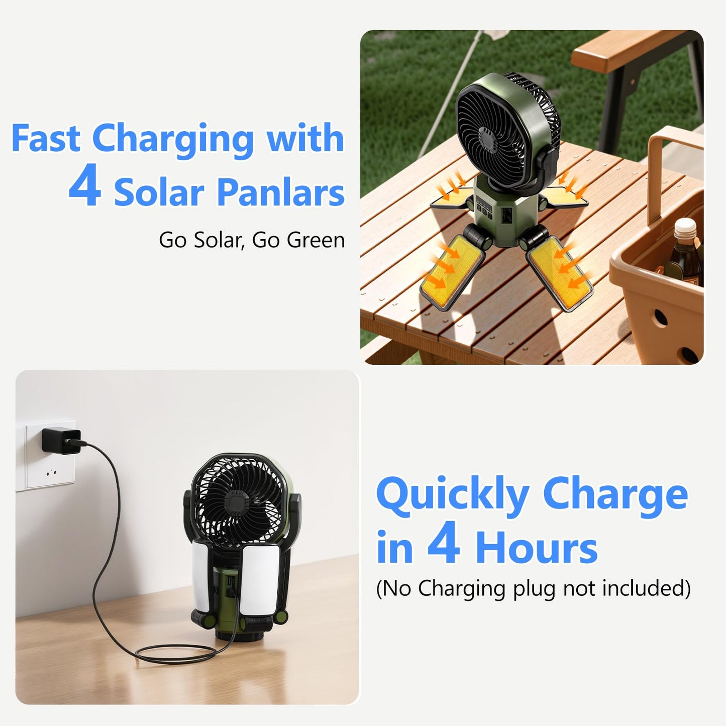 Nauttxon Rechargeable Solar Camping Fan with 4 Solar & Light Panals