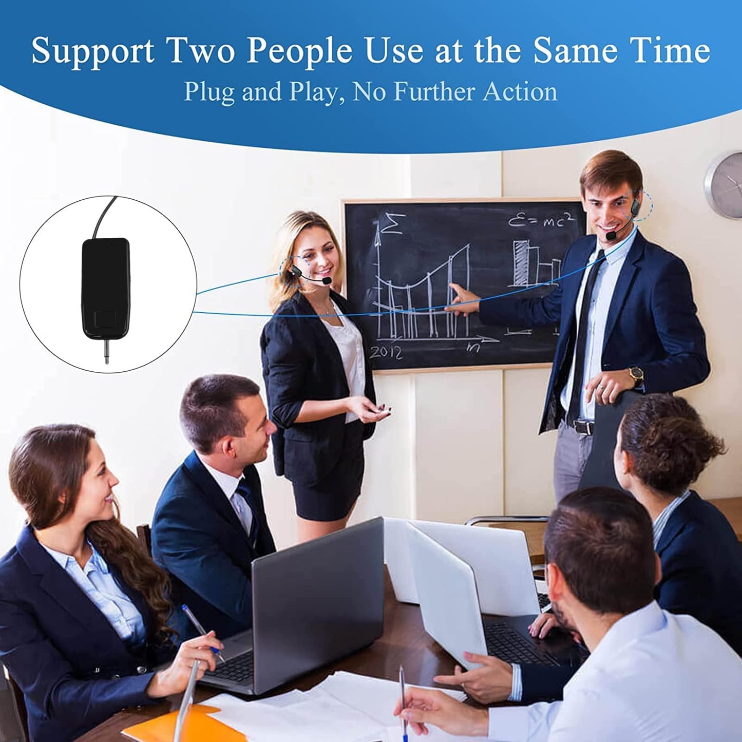 HUACAM 2.4G Wireless Microphone System for Two People, 165 ft Long Range, Stable Transmission, Portable Headset Microphone for Voice Amplifier, PA