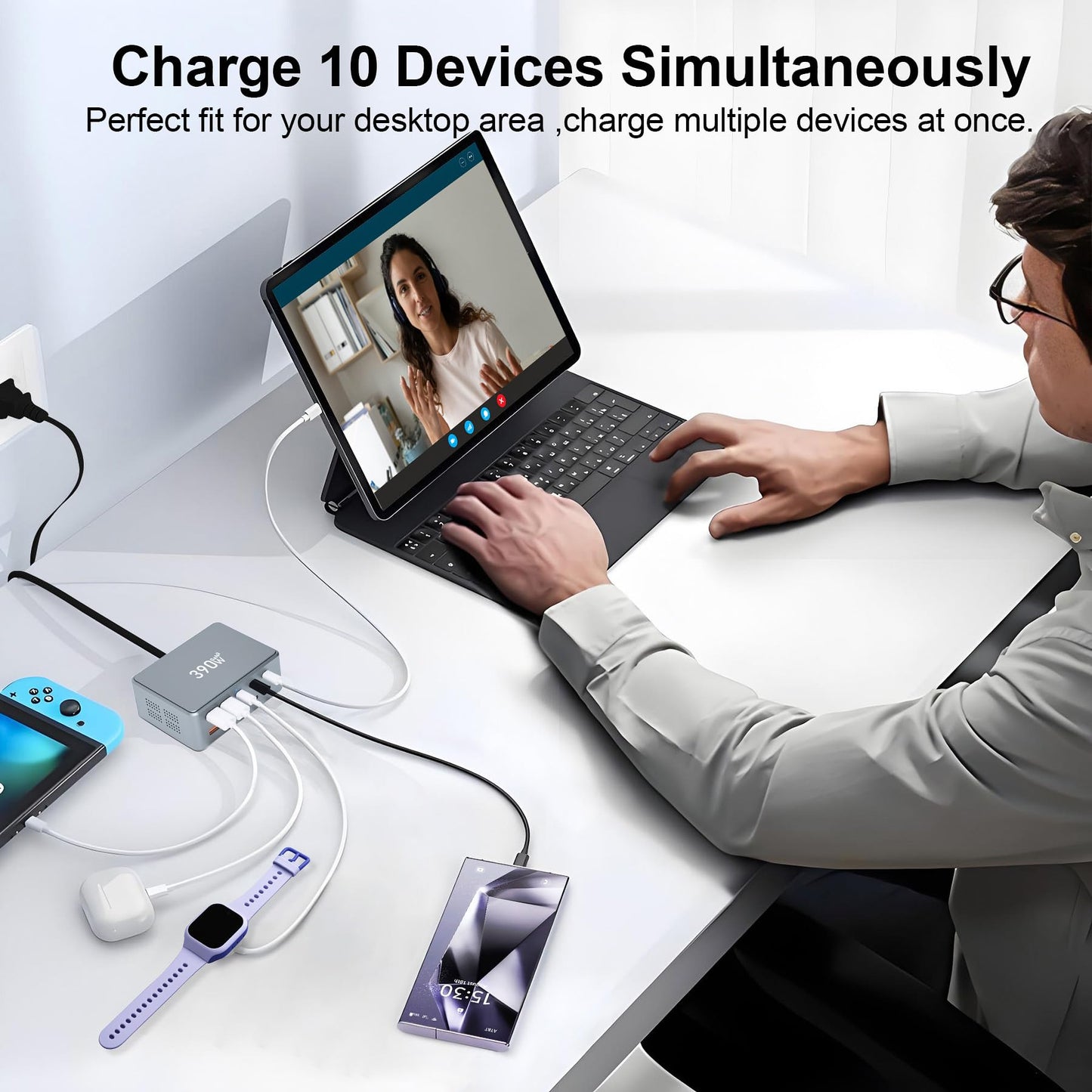 USB C Fast Charger Block 390W 10 Ports usbc Charging Station USB Charger Block Multiple Ports 100W PD GaN Fast Charging Brick hub for iPad iPhone 17