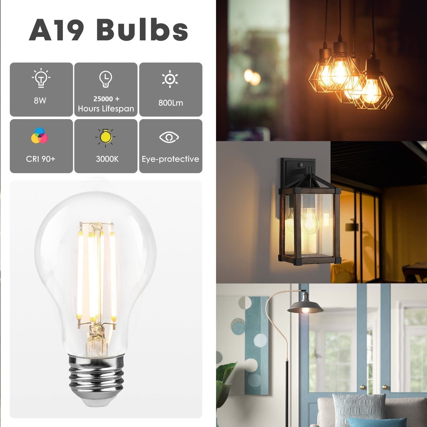 Talltreepho A19 LED Edison Bulbs 60W Equivalent, Energy Saving 800 Lumen Soft White E26 8W Non-Dimmable Clear 3000 Kelvin Natural Warm LED Light
