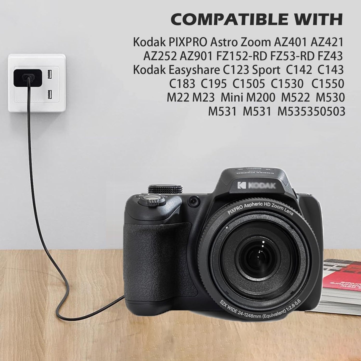 Charger Charging Cable Cord Fit for Kodak Pixpro Astro Zoom L-8 AZ401 AZ405 AZ252 AZ901 FZ152-RD FZ53-RD FZ43 FZ45 FZ55 C123 C142 C183 C195, Tascam