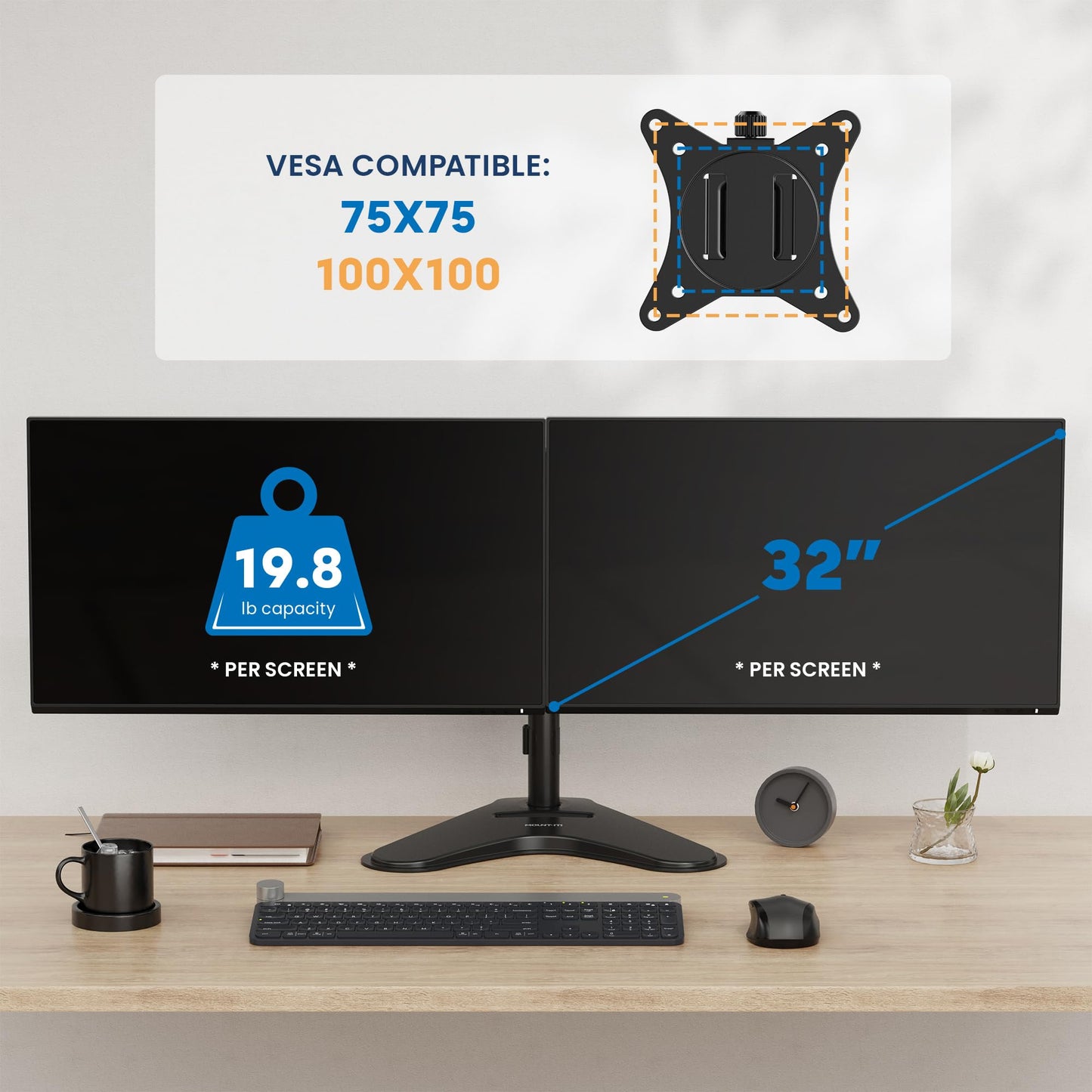 Mount-It! Dual Monitor Stand for Desk, Free Standing Monitor Mount for 2 Screens up to 32”, Height Adjustable with Tilt, Swivel & Rotation, VESA 75x75