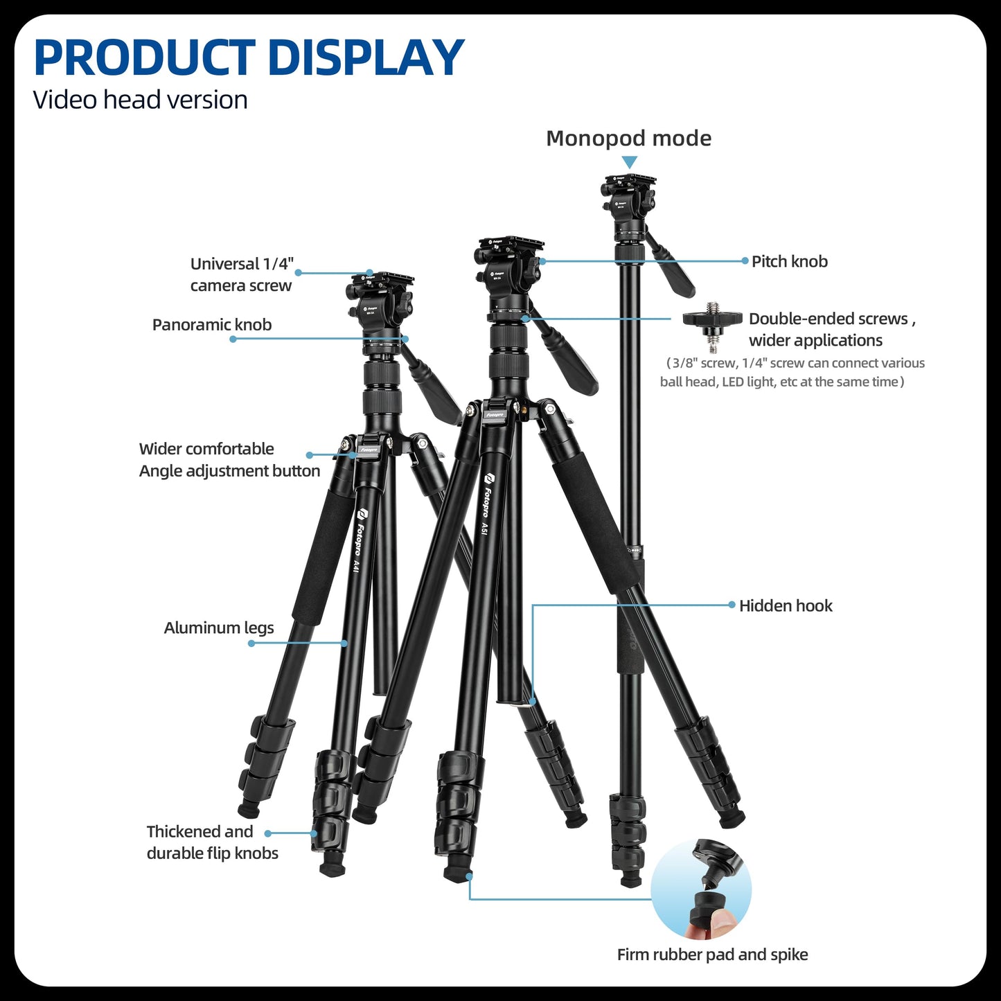 Fotopro 73'' Camera Tripod, Foldable Aluminum Tripod/Monopod, Detachable Fluid Head with Quick Release Plate, Lightweight Tripod for Camera, Phone
