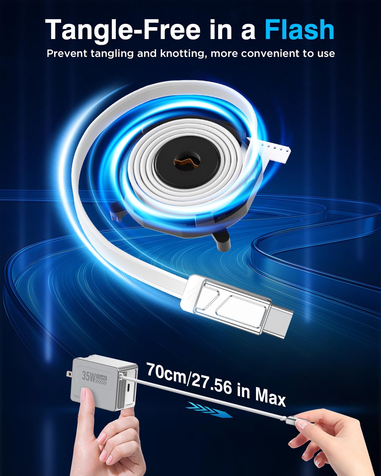 VIGOUC USB C Retractable Fast Charger, PD 35W Dual Port, Wall Adapter Foldable US Plug, Type C Lightning Cable, Compact GaN Charging Block for iPhone