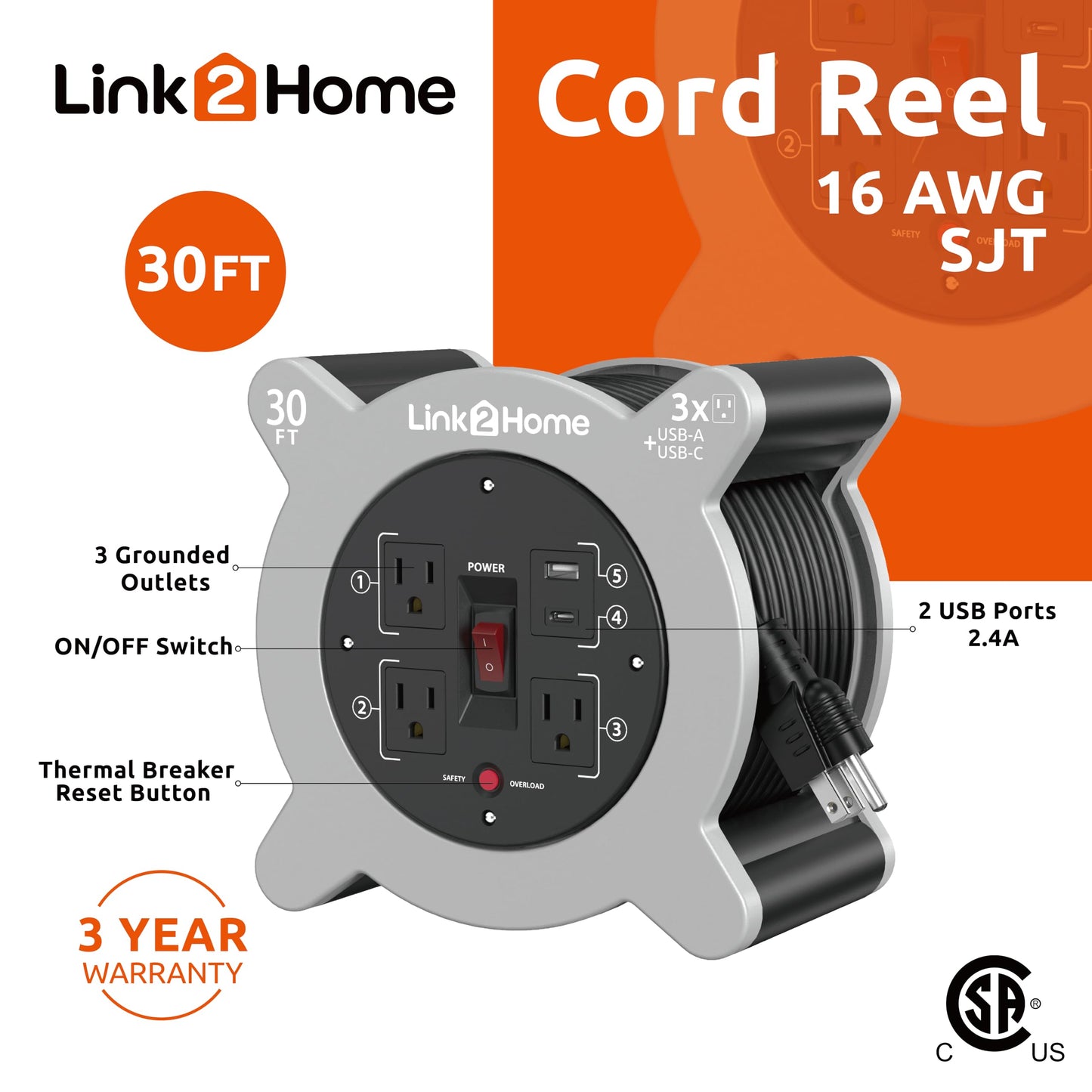Link2Home Cord Reel 30 ft. Extension Cord 3 Power Outlets, 2 USB Ports A/C, 2.4A Fast Charge - 16 AWG SJT Cable.