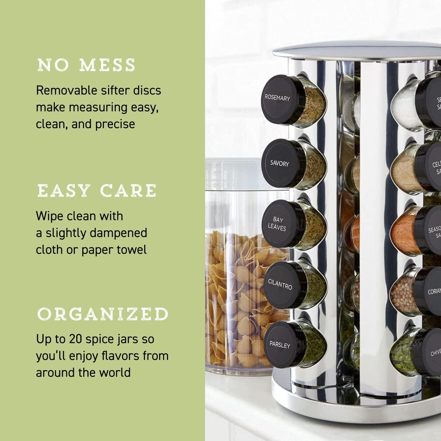 Kamenstein 20 Jar Revolving Countertop Spice Rack with Spices Included, FREE Spice Refills for 5Years, Polished Stainless Steel with Black Caps, 30020
