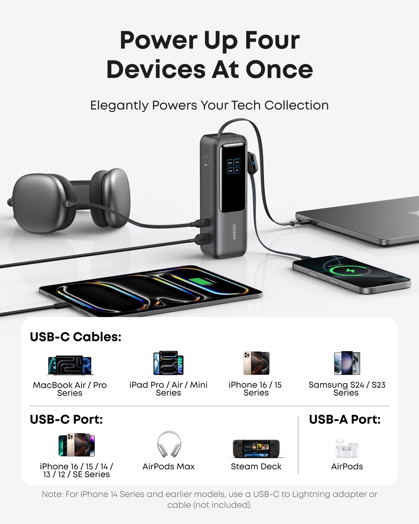 Anker Laptop Power Bank,25,000mAh Portable Charger with 165W Total Output,3 USB-C Ports (100W Max Each),Built-in Retractable Cables,Flight-Ready,for