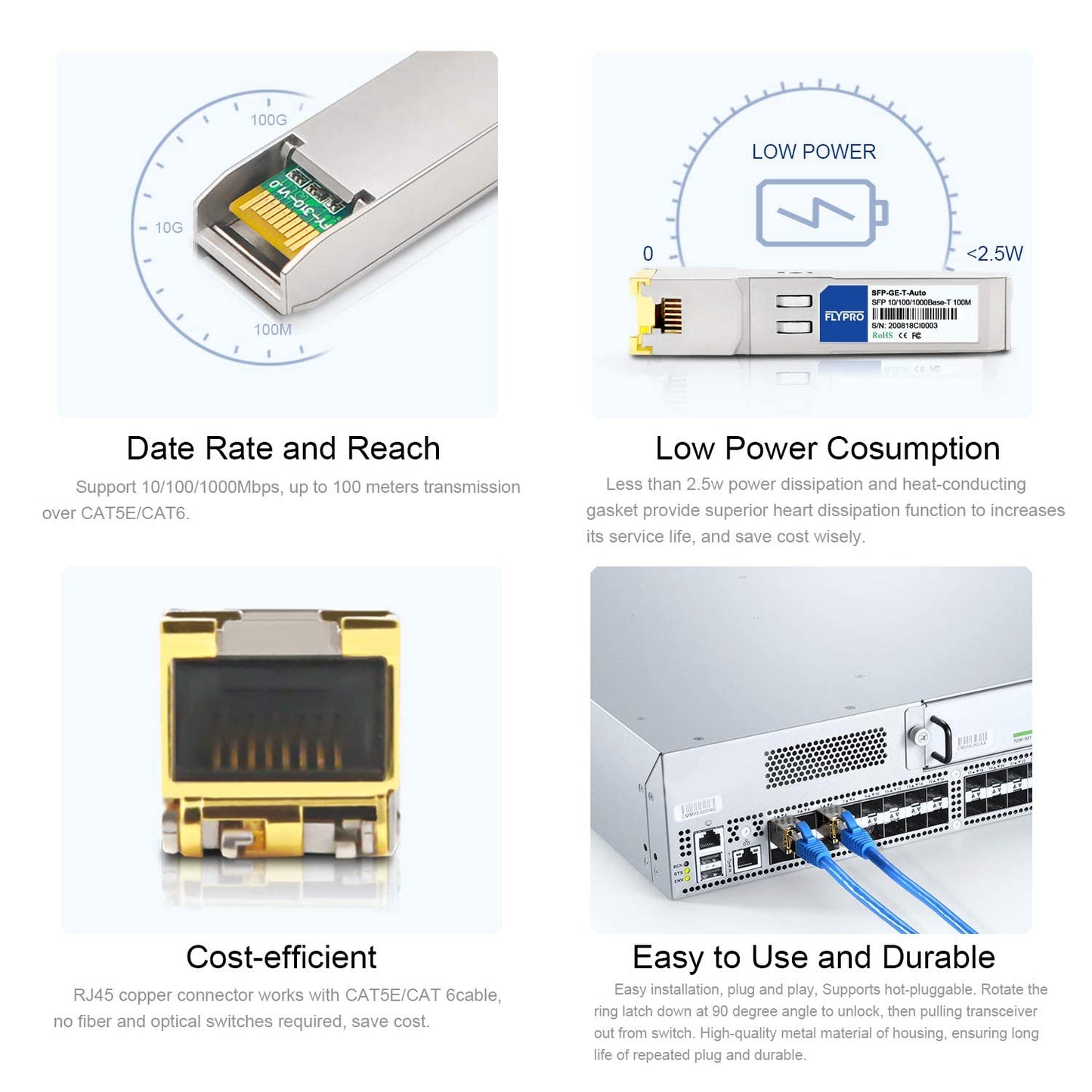 FLYPROFiber- 10/100/1000Base-T Copper SFP, Auto-Negotiation SFP to RJ45 Mini-GBIC Transceiver for Cisco GLC-T/SFP-GE-T/GLC-TA, Mikrotik S-RJ01