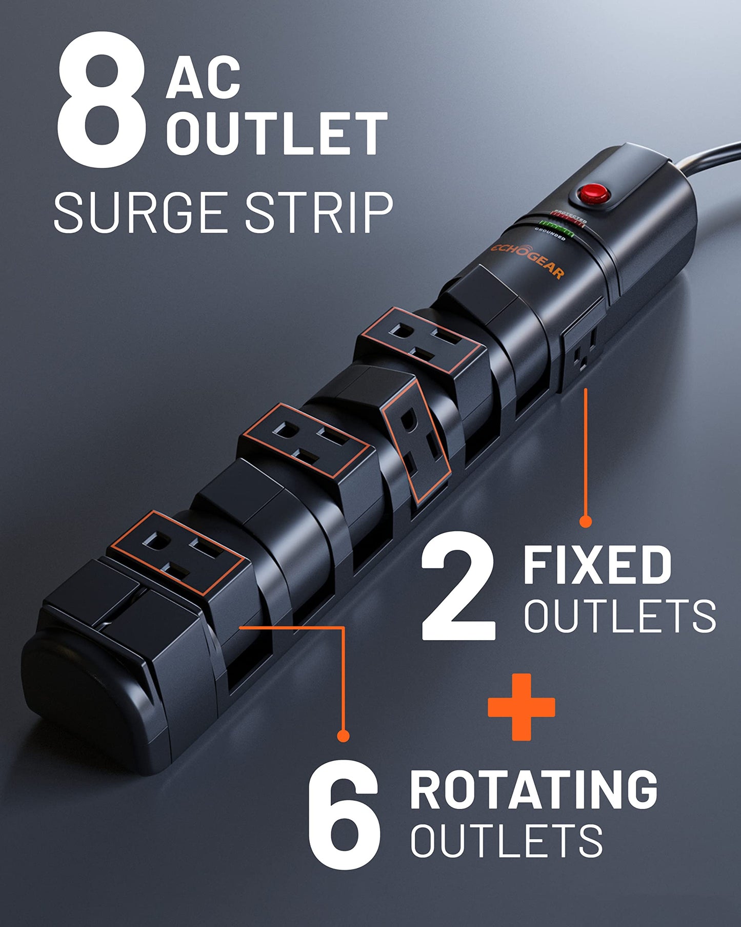 ECHOGEAR VoltSpin Surge Protector Power Strip with Rotating Outlets, Flat Plug, Long Cord, & Mounting Holes - Power Strip with Heavy Duty Surge