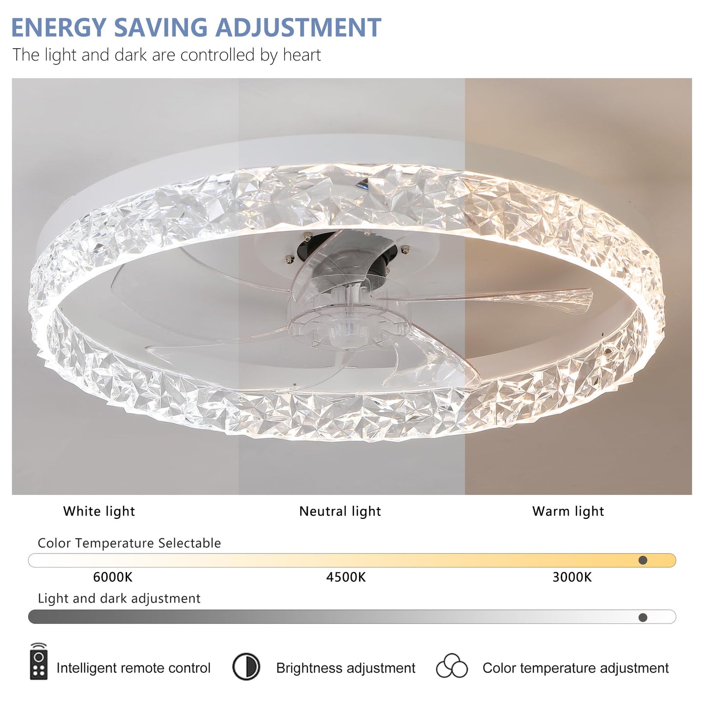 YIHANTLZ Crystal Ceiling Fan Light with Reversible Blades, 3-Speed Quiet Motor, Remote Control & Timer, Integrated LED Lighting for Bedroom, Living