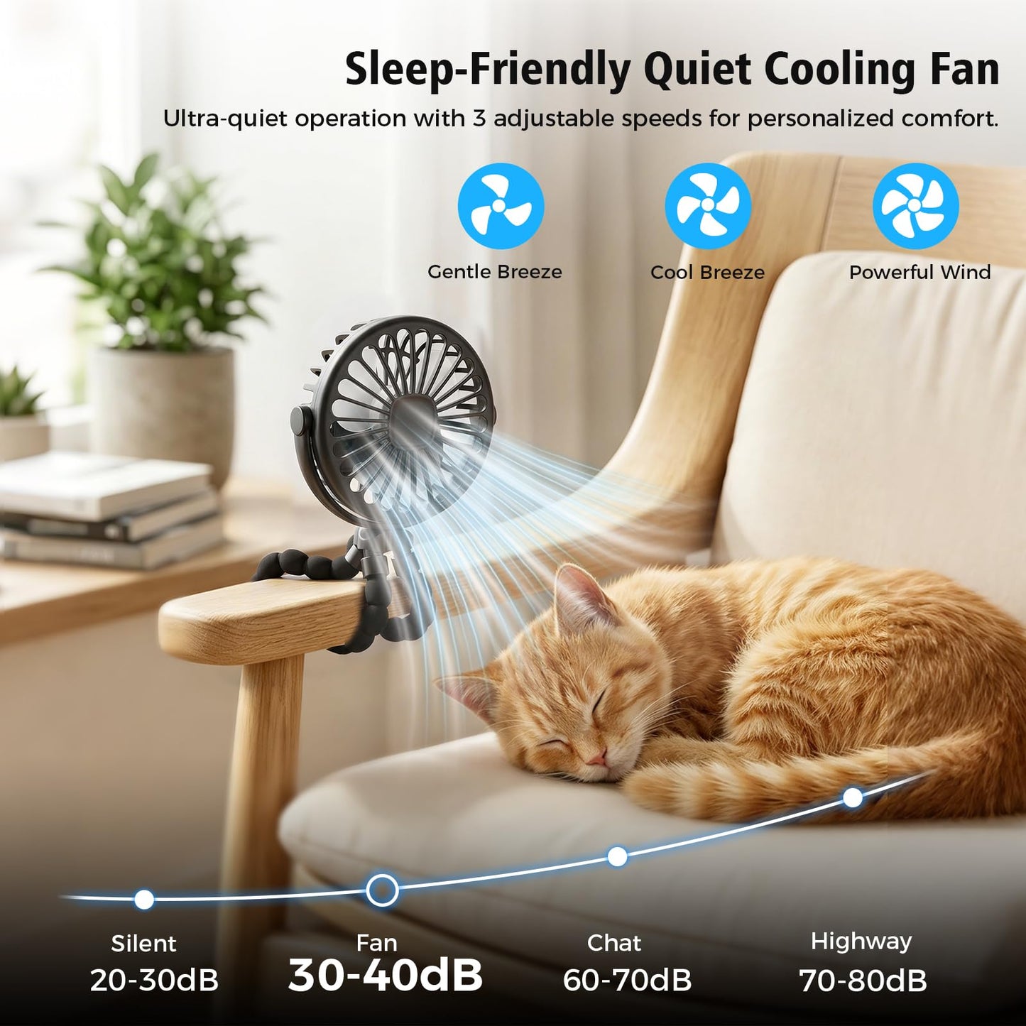 GTPLAYER Pet Stroller Fan, Portable Rechargeable Clip-On Fan with LED Light, Quiet 3-Speed Cooling Fan for Dogs & Cats, Black