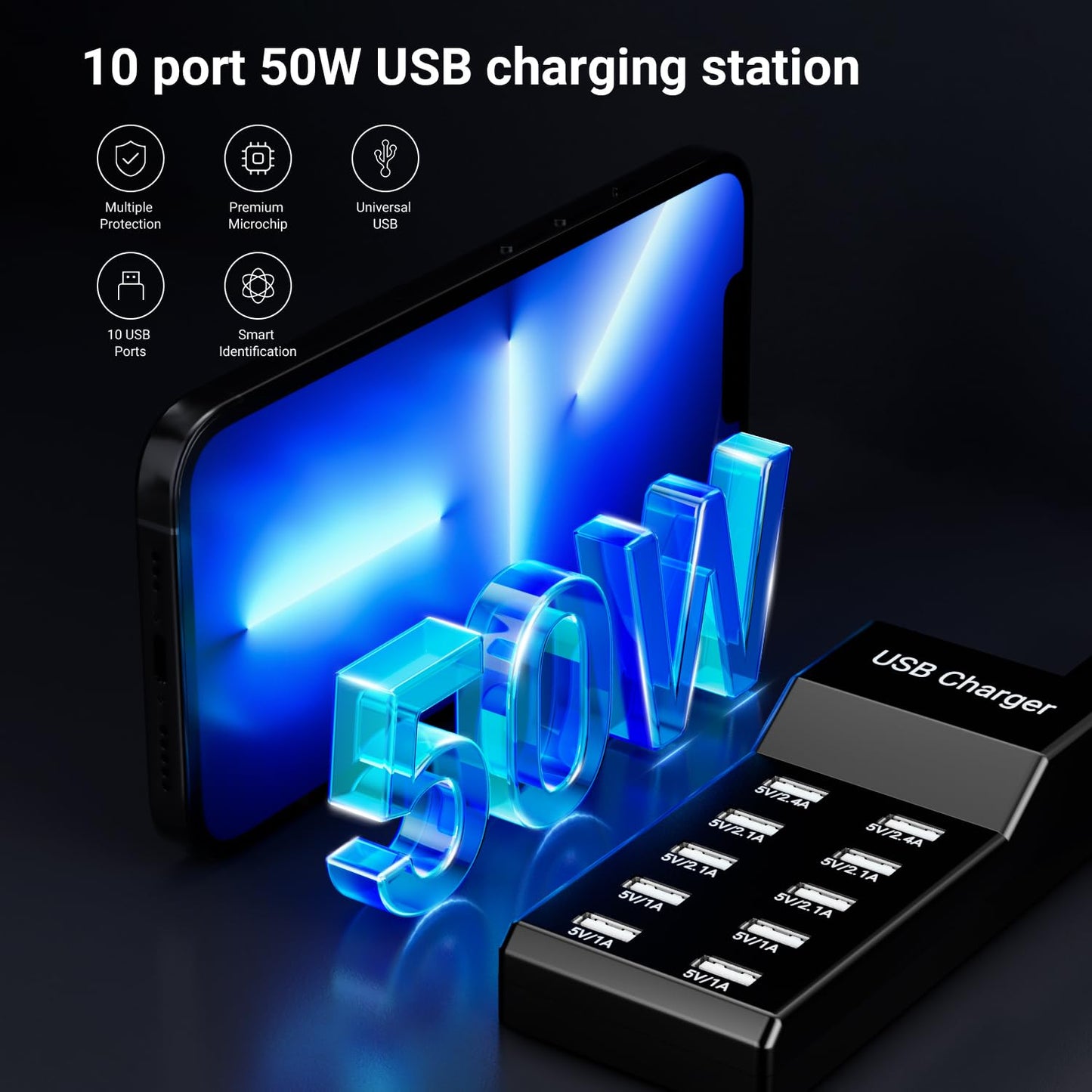 USB Charging Station 50w10A 10-Port Charger, Multiport Charger Hub, Compatible with iPhone, Galaxy, iPad Tablet, and Other Devices?Black?