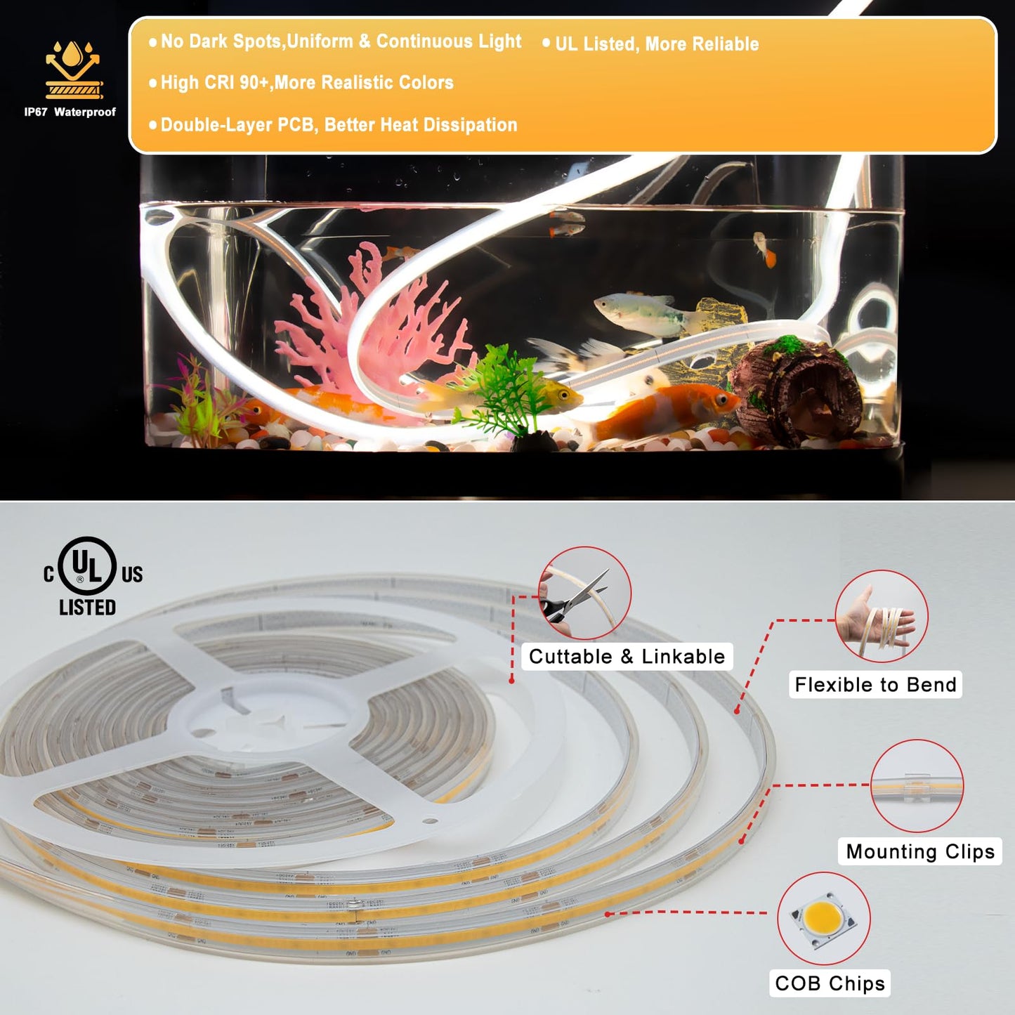 PAUTIX COB LED Strip Light IP67 Waterproof 20ft/6.1m,6000K Daylight White 2928 LEDs CRI90+ 24V Super Bright,Silicone LED Strip Light for Outdoor