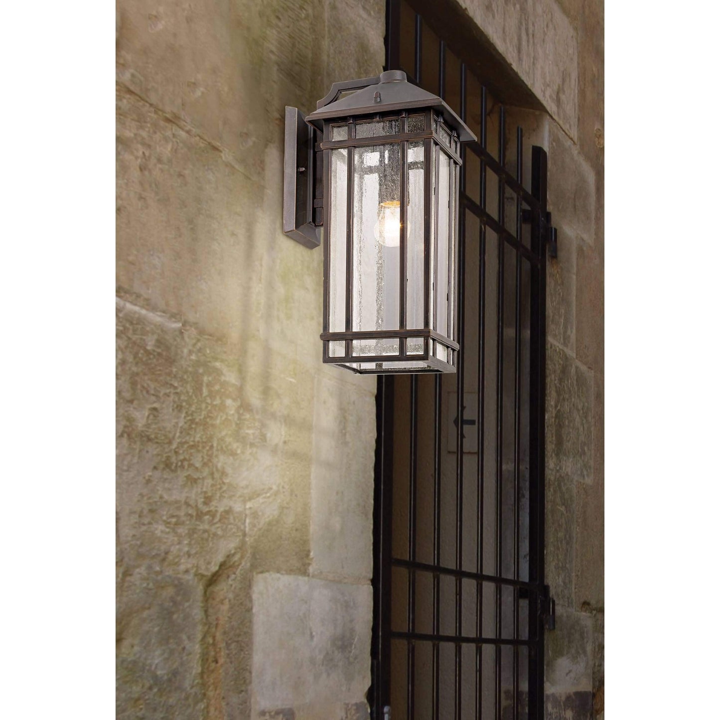 Kathy Ireland Sierra Craftsman Art Deco Outdoor Wall Light Fixture Rubbed Bronze Brown Steel 16 1/2" Seedy Glass Panels for Exterior House Porch Patio