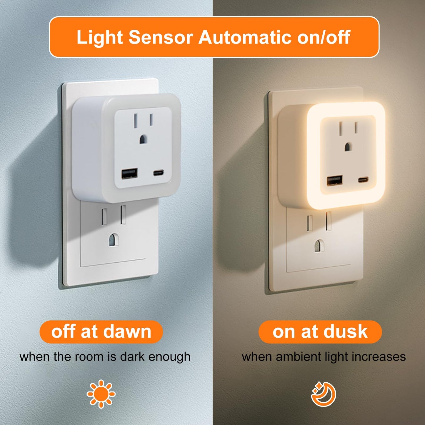 Night Lights Plug Into Wall 2 Pack Rechargeable Battery Backup Light Dusk to Dawn Sensor Night Light with Outlet Expander for Adults Kids Bedroom