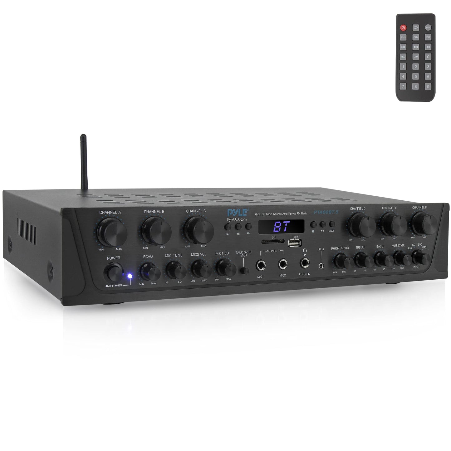 Pyle Home Audio Amplifier with Bluetooth - 6 Channel 600 Watt Peak Power, Karaoke with Echo, 2 Mic Input with Talkover, Headphone In, USB A MP3 Player