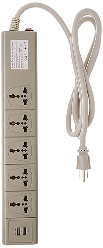 Multi-outlet Universal Power Strip with 2 USB Ports and 5-Outlets 110 Volt to 250 Volt Surge Protector, 3750 Watts 15 Amp, Worldwide Use with USA Plug