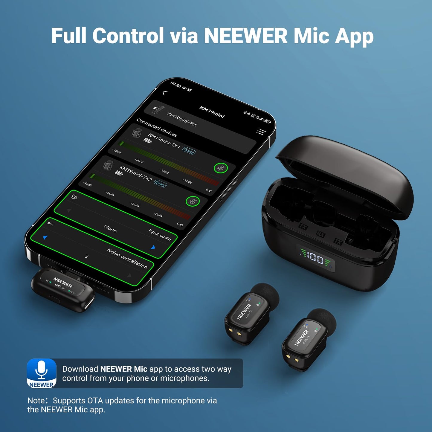 NEEWER KM19 Lightweight Wireless Lapel Microphone, 48kHz/24bit 30H Battery 3-Level Noise Cancelling Mute Stereo 100m Range Mini Lav Mic with App