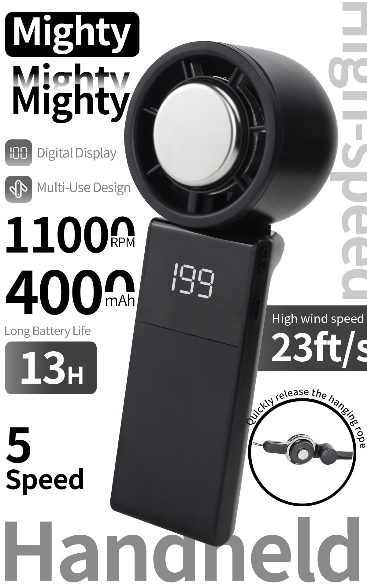 Vellunora Portable 3-in-1 Handheld Neck Fan, Semiconductor Cooling, 4000mAh Up to 13H Runtime, 11000RPM 7M/S Wind, 5 Speed Adjustable Quiet 50dB