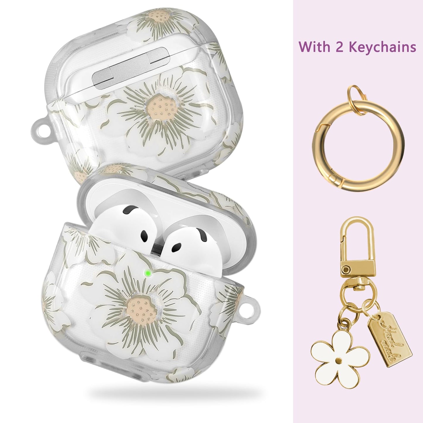 AIIEKZ Compatible with AirPods 4 Case Cover 2024, Soft TPU with Cute Flower Pattern for AirPods 4th Generation Case with Flower Keychain and Cleaning