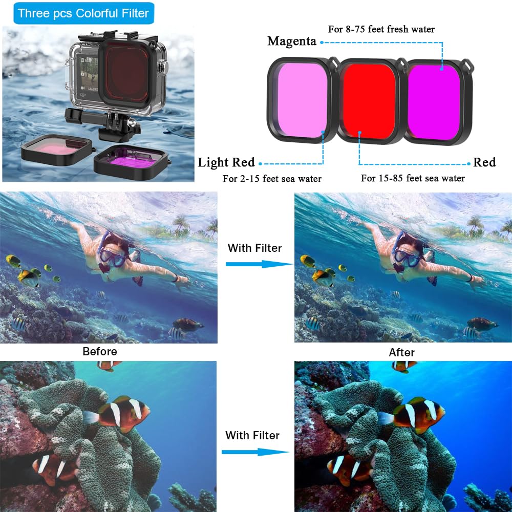 Husiway Accessories Bundle for DJI Osmo Action 5 Pro/Action 4/3 Waterproof Case Diving Housing Silicone Case Glass Screen Protector Film Whole Kit 60E