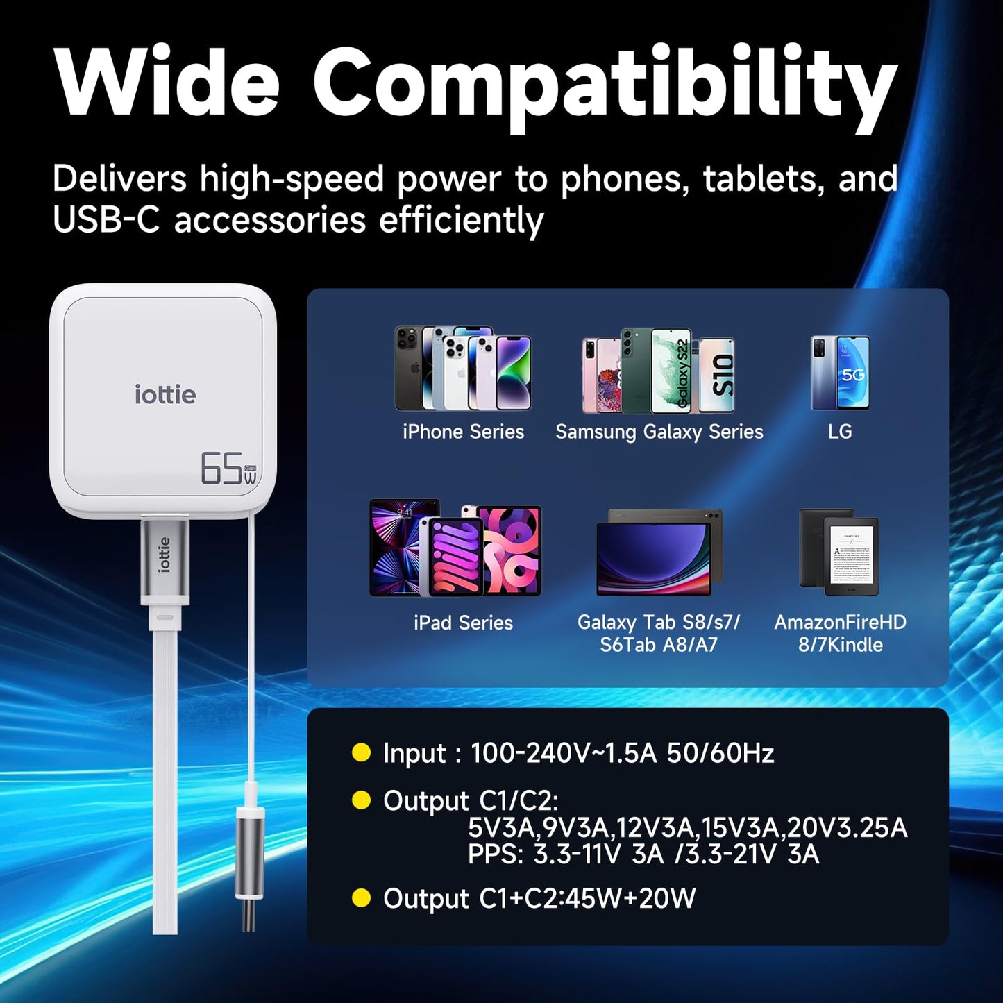 Basix by iOttie 65W GaN Wall Charger with Built-in Retractable USB-C Cable and Extra USB-C and USB-A Ports, Triple Device Fast Charging, Compact…