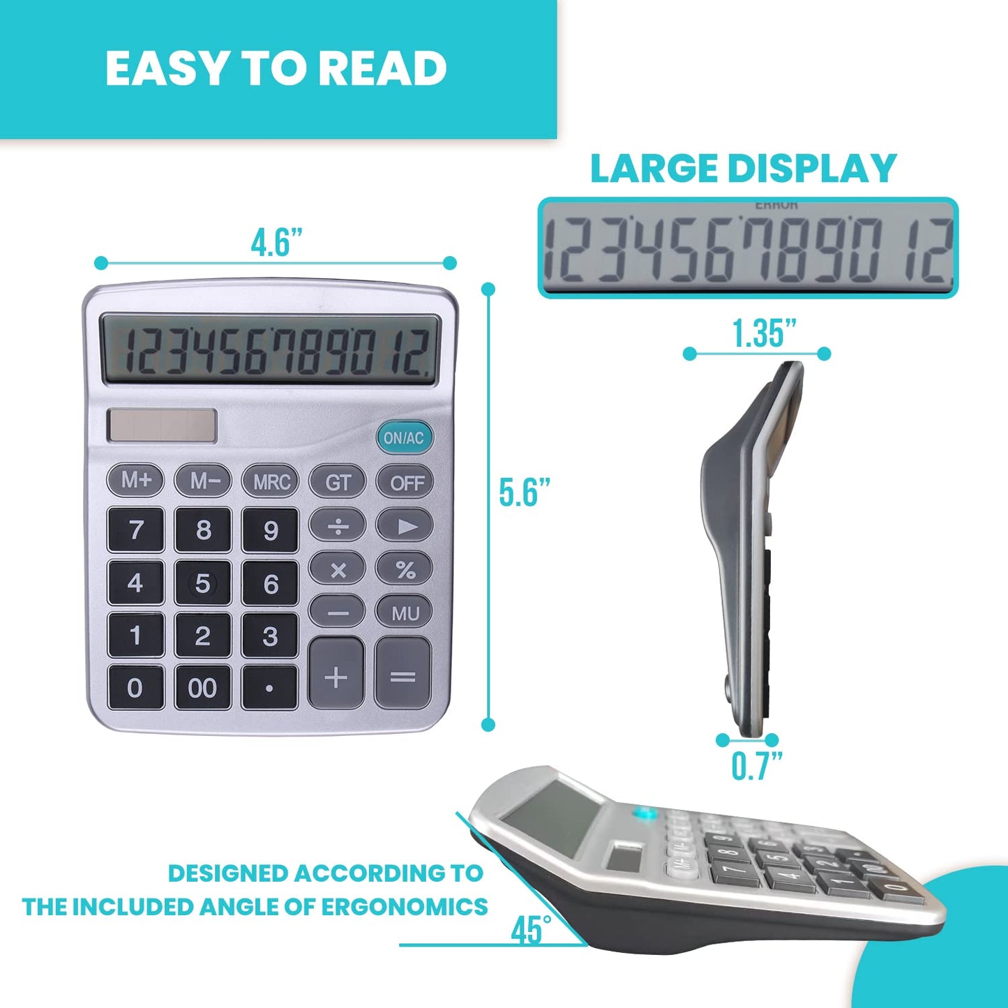 LICHAMP Desk Calculators with Big Buttons and Large Display, Office Desktop Calculator Basic 12 Digit with Solar Power and AA Battery (4 Packs