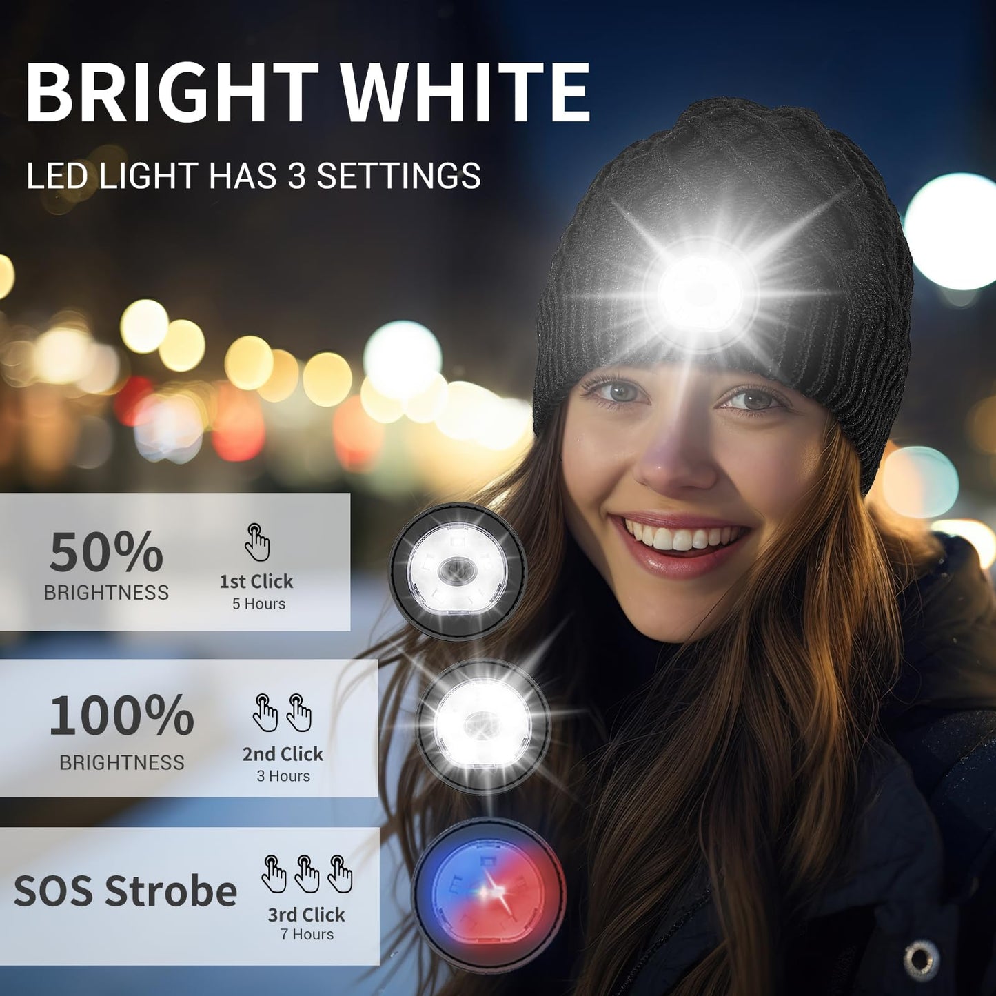 Wewow Unisex Beanie Hat with Light, LED USB Rechargeable Headlamp Beanie, Gifts for Dad Father Men Husband Warm Knitted Cap Black