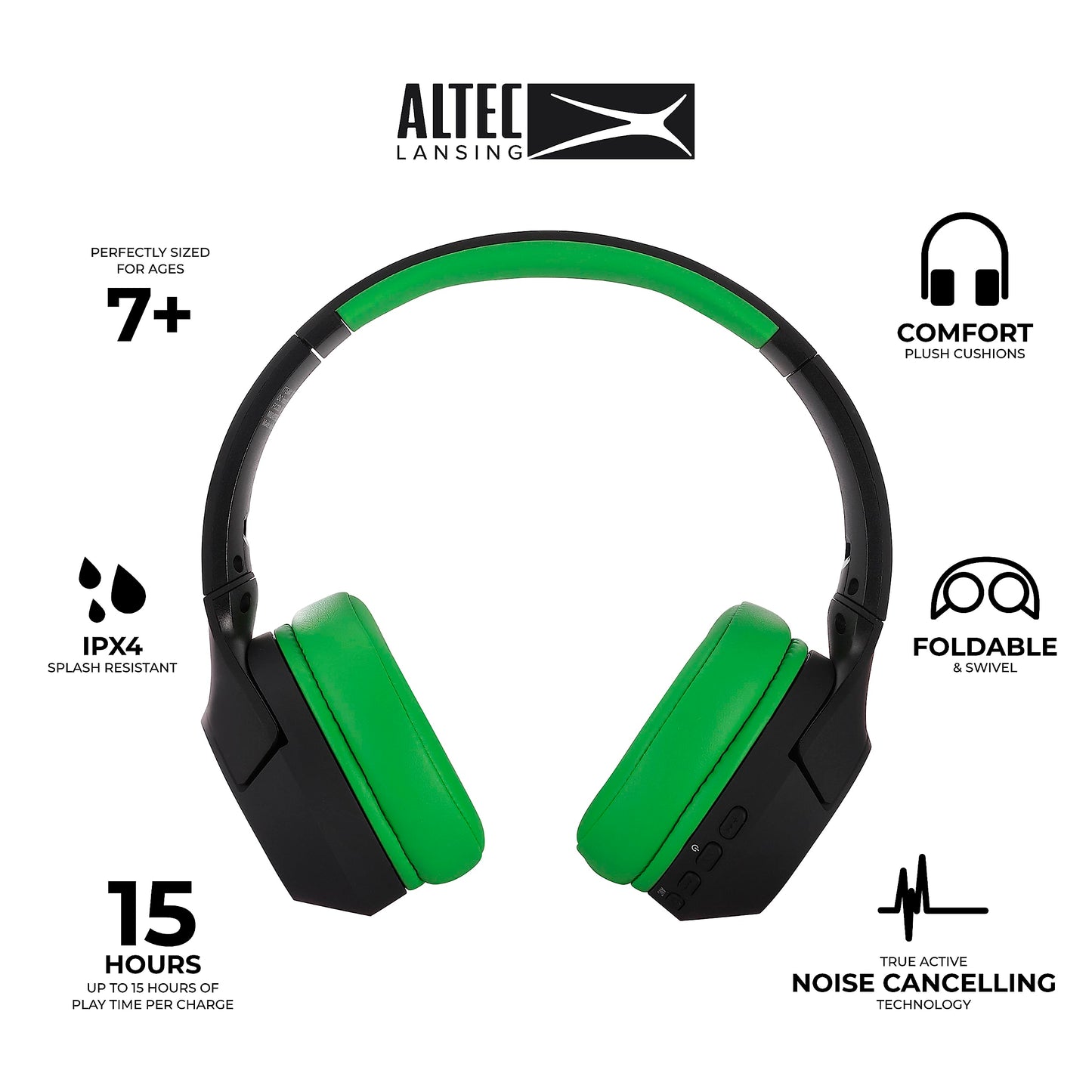 Altec Lansing Kid Safe Noise Cancelling Wireless Headphones 15H Battery, 85dB Volume Limit, Foldable Design Powerful Sound, Active Noise Cancellation