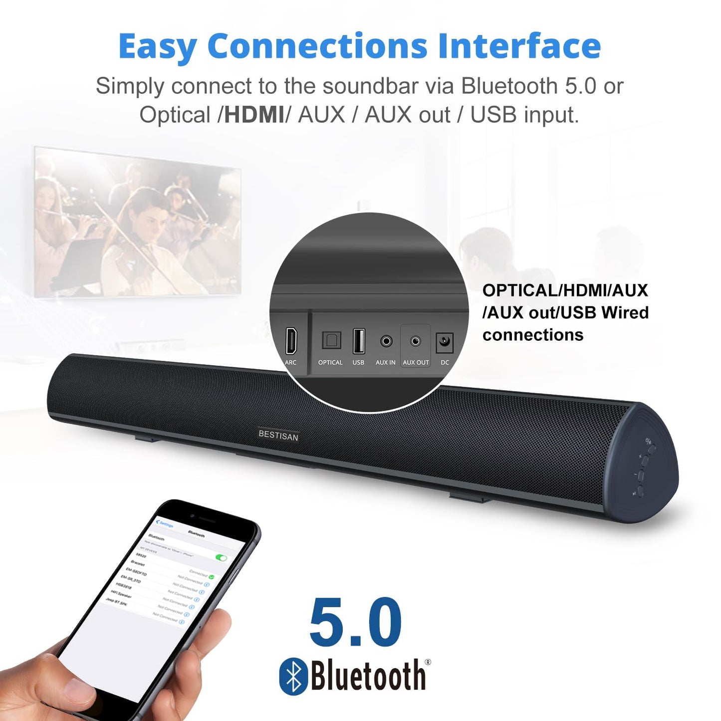 BESTISAN 80 Watt Soundbar, Sound Bars for TV of Home Theater System (Bluetooth 5.0, 34 inch, DSP, Strong Bass, Wireless Wired Connections, Bass