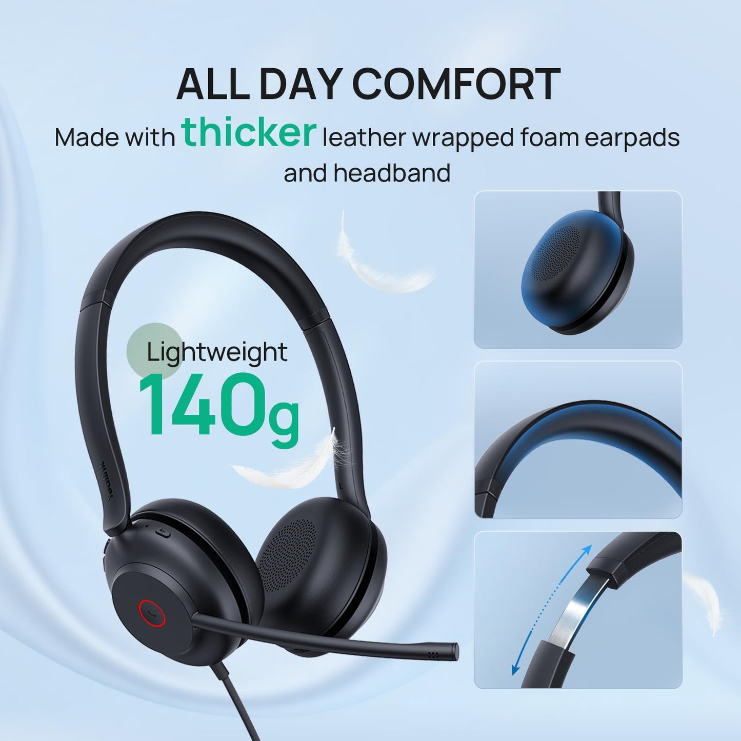 Yealink UH35 Wired Headset, USB Headset with Noise Cancelling Mic, Optimized for Skype and Zoom and Other Leading Conferencing Platforms, All-Day